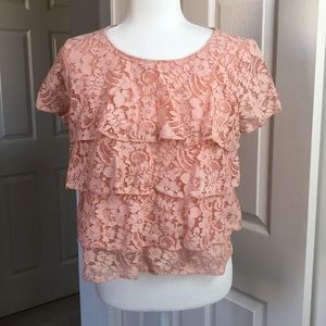 Zara Women’s Pink Tiered Ruffle Lace Blouse - Size Medium